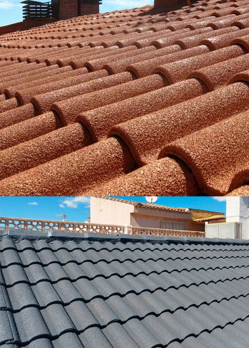 Tejas de barro rojizo y tejas grises en cubiertas residenciales, trabajos de renovación de cubiertas en Murcia