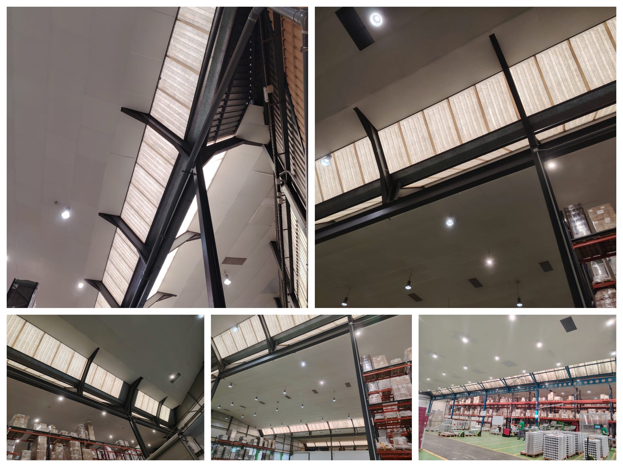 Interior de nave industrial con cubierta renovada, lucernarios, estructura metálica y luminarias LED instaladas por OBRASOC